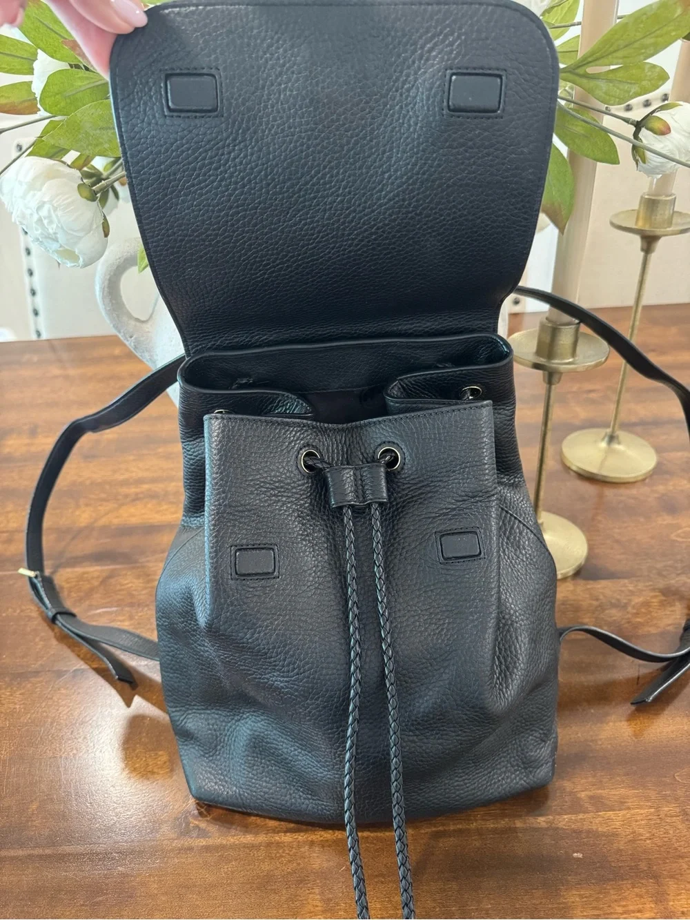 Tory Burch Black Pebbled Leather Tassel Drawstring Backpack